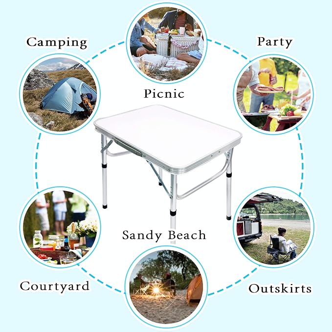Camp Field Aluminum Folding Small Picnic Table, Adjustable Height Lightweight Portable Camping Table for Picnic Beach Outdoor Indoor (Small White) …