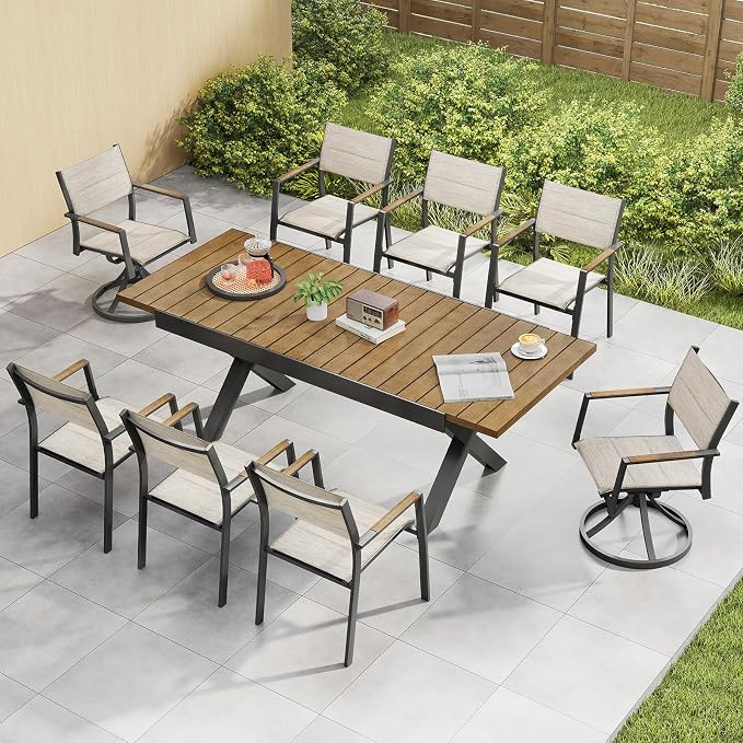 Teak Extendable Patio Dining Set for 8, Aluminum Outdoor Dining Set with 2 Swivel Chairs, Expandable Dining Table and 6 Stackable Double-Layer Textilene Chairs, Patio Table and Chairs Set