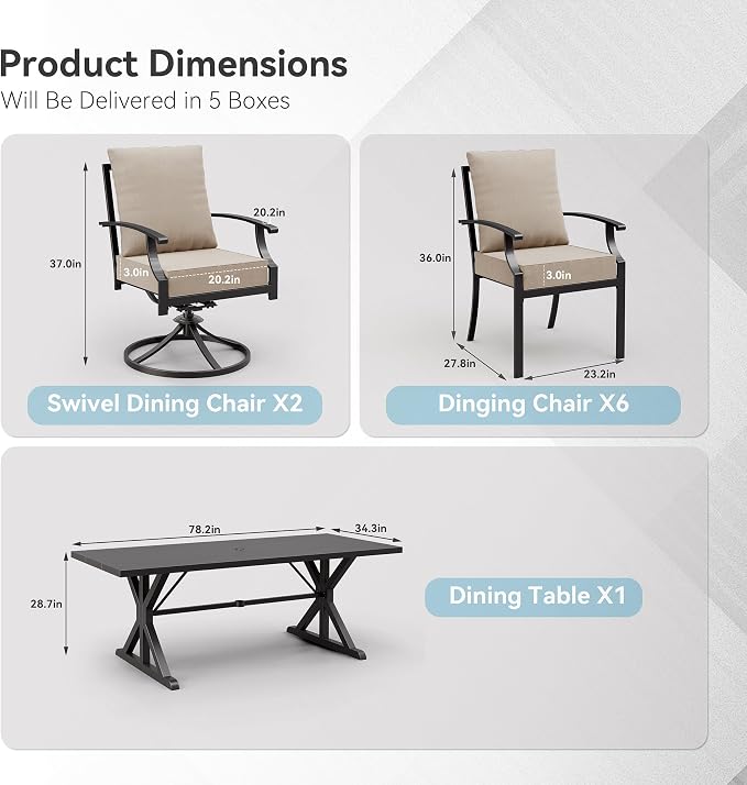 ALAULM 9-Piece Patio Dining Set,Outdoor Metal Dining Set with 2 Swivel Chairs & Rectangle Table with 1.5 Umbrella Hole, Patio Dining Table and Chairs for Backyard,Sand