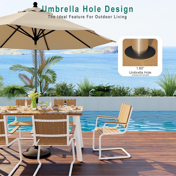 7 Pieces Outdoor Dining Set for 6, Patio Table and Chairs Set with Umbrella Hole, All-Weather HDPE Outdoor Furniture Sets for Backyard Poolside Lawn Garden (White & Teak)
