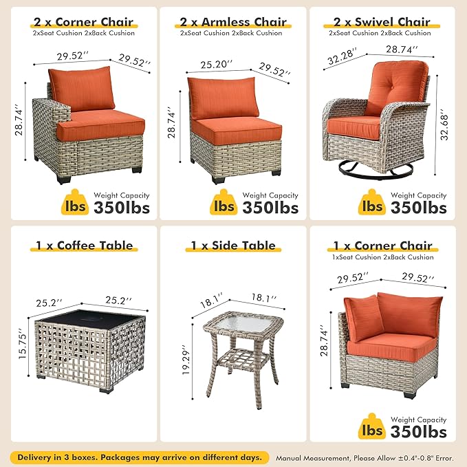 9 Pcs Outdoor Sectional Patio Furniture Set with Swivel Rocking Chair - All Weather Wicker Modular L Shaped Outside Sectional Couch,Patio Seating Outdoor Conversation Sets for Deck Yard,Orange Red