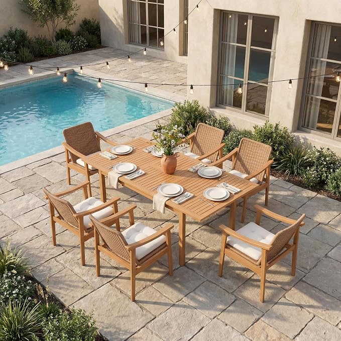 SUNSITT 59"-79" Acacia Wood Patio Dining Table, Large Expandable Outdoor Slatted Table for 6-8 People, Rectangular Outdoor Wooden Dining Table for Patio Lawn Backyard Garden