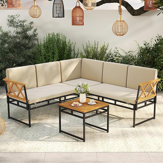 Tangkula L Shaped Outdoor Sectional Sofa Set, 4 Pieces Acacia Wood Patio Cushioned Conversation Set with Bungee Rope Seat,for Porch, Yard, Poolside (Off White)