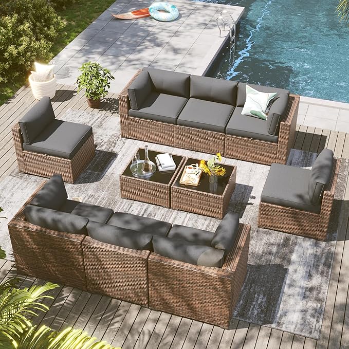 LazySunsets 10 Piece Outdoor Patio Furniture Set with Coffee Table, Outdoor Patio Furniture Sets with Waterproof Cover and Thicken Cushion, Wicker Rattan Outdoor Conversation Set for Backyard, Grey