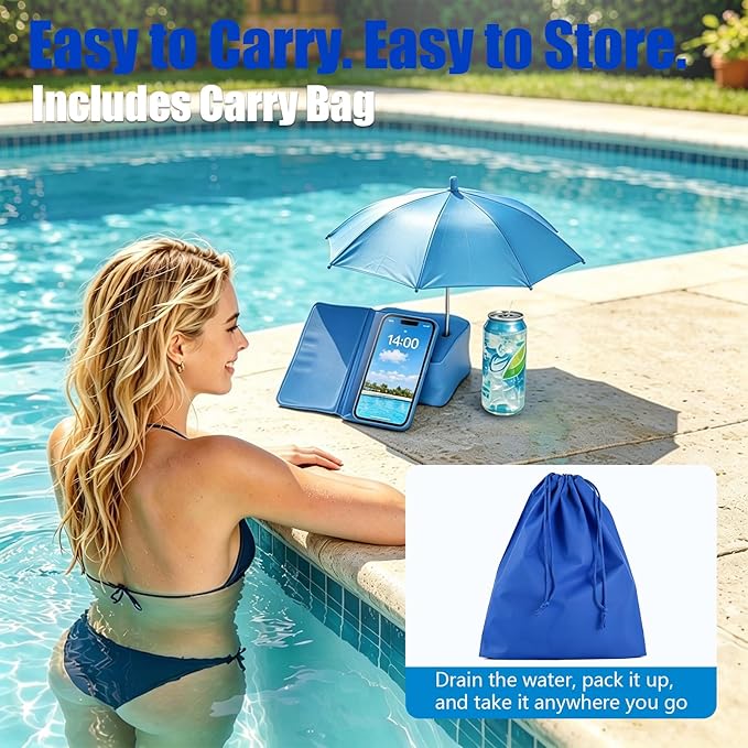 Poolside Phone & Drink Shade Umbrella with Water-Fill Base Touchscreen Phone Pouch Adjustable 19.7" Canopy Portable Sun Shade for Pool Beach Patio Backyard & Camping Carry Bag Included