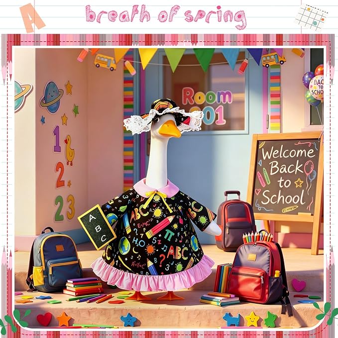 FuWeave Back to School Porch Goose Outfit Set for Plastic Statue Lawn Porch Goose Clothes with Schoolbag for Patio Decor
