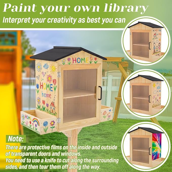 Wonderjune Little Library Box Outdoor Weatherproof Free Library Box Storage with Floor Plugs and Small Flower Fence for Diy, Neighborhoods, Community, Schools Sharing Books, Newspapers