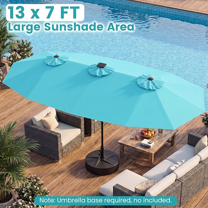 Tangkula 13 Ft Solar Patio Umbrella, Double-Sided Extra Large Outdoor Market Table Umbrella with Multi-Colored Flowing LED Lights, Crank Handle, 12 Sturdy Ribs for Poolside, Garden & Backyard (Turquoise)