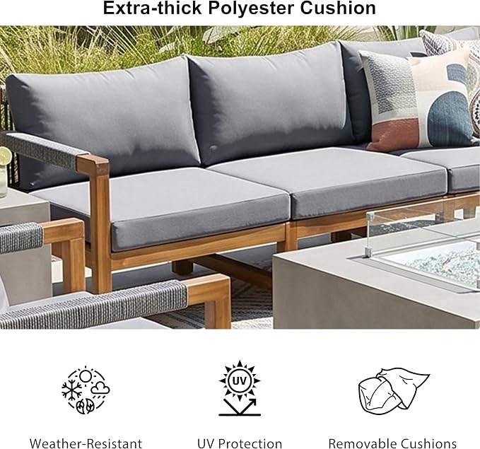 JIVOIT 3 Pieces Outdoor Rope Woven Sectional Sofa Set, Solid Acacia Wood Patio Conversation Set with Three-Seater Sofa and 2 Armchairs, Removable Cushions for Backyard, Deck and Poolside (Grey/24)