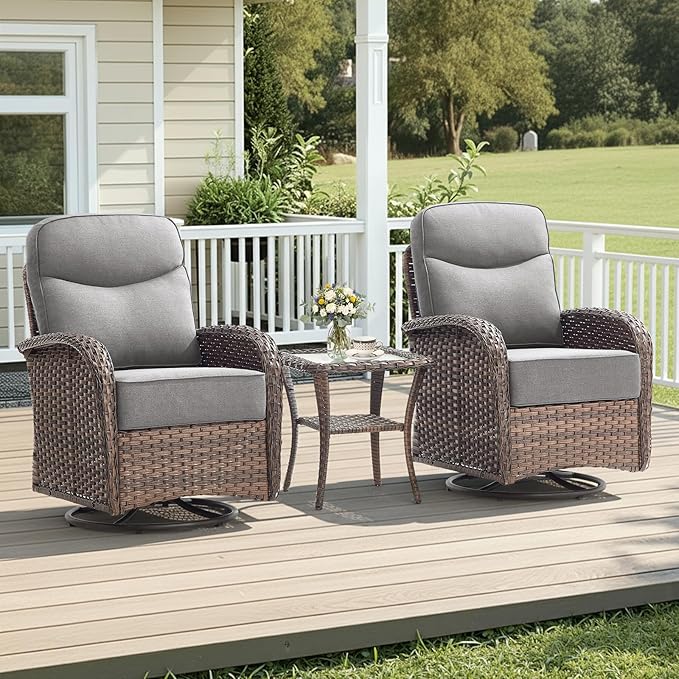 Luxury Wicker Patio Furniture Set with 6-Inch Thick Cushions, 3 Pieces Outdoor Swivel Rocker Patio Chairs Set of 2 with Rattan Side Table, Outdoor Patio Conversation Sets for Garden Deck, Gray