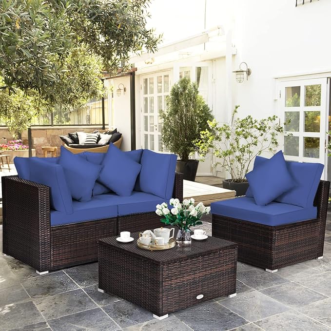 HAPPYGRILL 4 Pieces Patio Conversation Set Outdoor Wicker Sofa Set, Modern Sectional Couch Set with Washable Cushions & Pillows, All Weather PE Rattan Patio Furniture Set