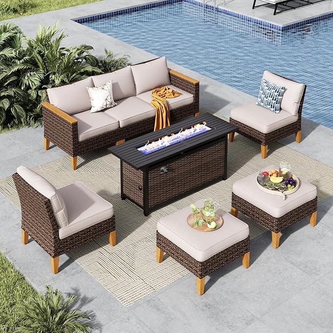 MFSTUDIO 7 Piece Wicker Patio Furniture Set with 56" Fire Pit Table, All-Weather PE Rattan Patio Sectional Sofa Conversation Set with 50000 BTU CSA Approved Fire Pit Table & Beige Cushion
