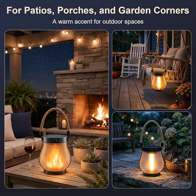 Solar Lanterns Outdoor Waterproof 8-Pack, Flickering Flame Effect | Rechargeable lanterns with USB-C charging, a decorative hanging design, and dusk-to-dawn use for patios, porches and gardens