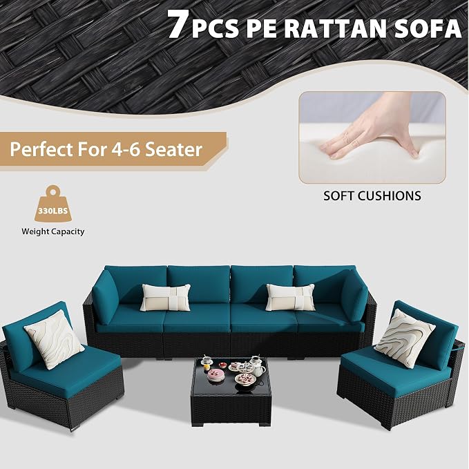 KIGOTY 7-Piece Patio Furniture Set, All-Weather PE Rattan Outdoor Sectional Sofa, Modular Wicker Conversation Set with Thick Cushions & Easy-Clean Coffee Table（Black/Blue）