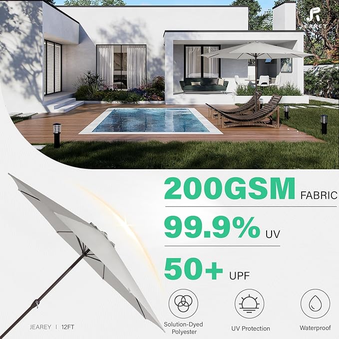 JEAREY 12' Patio Umbrellas Outdoor Table Market Umbrella w/Crank, 8 Sturdy Ribs, UV Protection Windproof for Garden, Deck, Backyard, Pool(Foggy Gray)