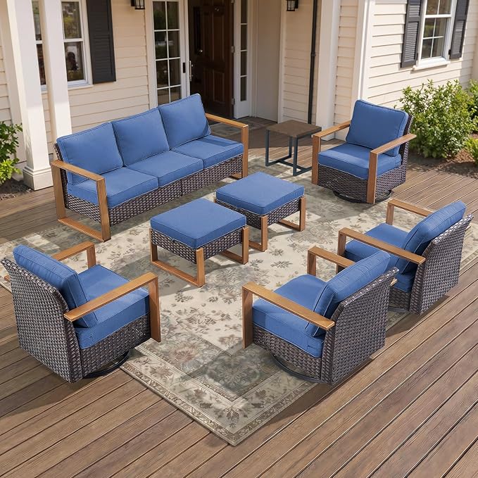 8-Piece Outdoor Patio Furniture Set with 4 Swivel Chairs, All-Weather Wicker Sofa Set for Garden, Yard, Porch and Poolside Seating Blue