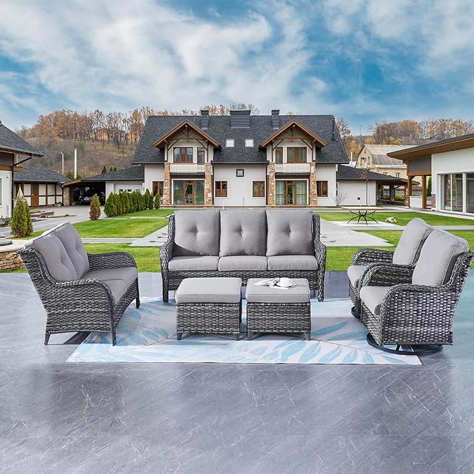 Rilyson Wicker Patio Furniture Set - 6 Piece Rattan Outdoor Sectional Conversation Sets with 2 Rocking Swivel Chairs,2 Ottomans,1 Sofa and 1 Loveseat for Porch Deck Garden(Mixed Grey/Grey)