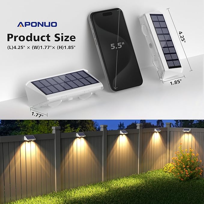 APONUO Solar Fence Lights, IP64 Waterproof, Fence Lights Solar Powered 9 Lighting Color Modes RGB Color Glow LED, Fences Solar Light Outdoor for Backyard, Yard, Wall, Deck, Patio, 12 Pack, White