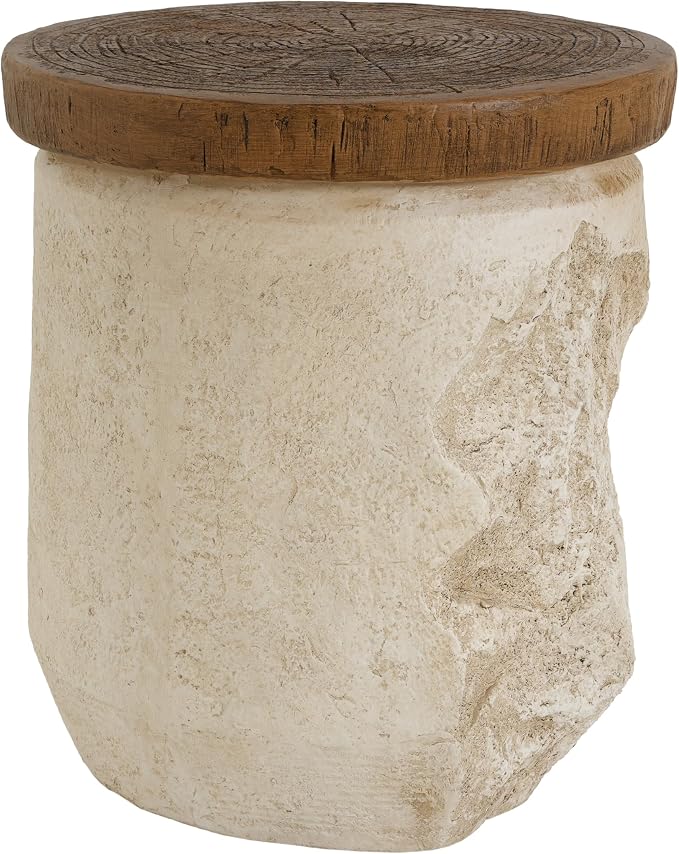 LUMISOL Outdoor Side Table, Modern Organic MGO Accent End Table for Patio, Living Room, Beige Tone-Effect Base with Faux Wood Grain Top
