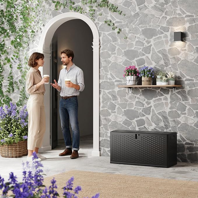 80 Gallon Brown Resin Deck Box, Waterproof Lockable Outdoor Storage Box, Multifunctional Patio Storage Container for Furniture Cushions, Garden Tools, Pool Accessories & Package Delivery