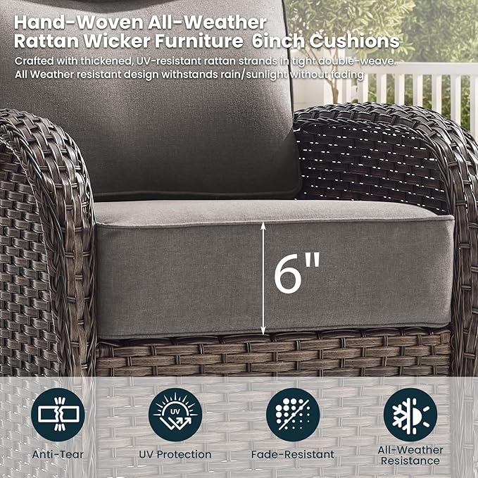 High Back Luxury Patio Furniture Set with 6-inch Thick Cushion, Swivel Rocker Patio Chairs with Outdoor Couch, 6 Piece Wicker Conversation Set for Deck Yard Garden Balcony Gray Cushion