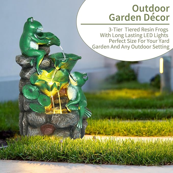 HPC Decor Outdoor 4-Tier Frog Waterfall Fountain with LED Lights for Garden, Patio, Yard, and Porch Décor, 19.9" H (Green)