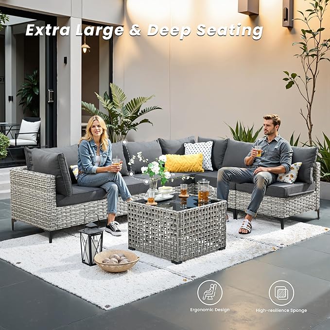 Outdoor Patio Furniture Sets,7 PCS Patio Conversation Set Outside Rattan Sectional Sofa with Coffee Table Fit Backyard Porch Garden Poolside Balcony