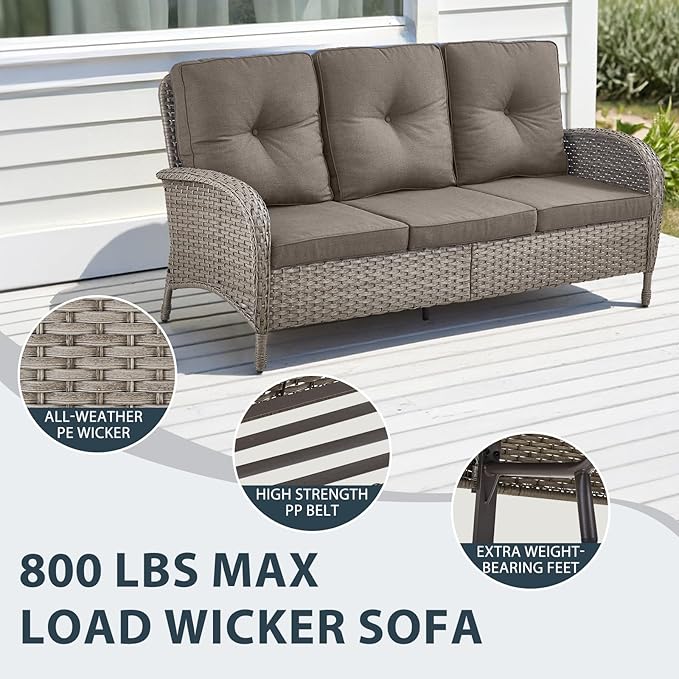 7 Piece Patio Furniture Set with Fire Pit Table - Wicker Patio Conversation Set with Swivel Glider, 3 Seat Sofa, Side Table and 2 Ottomans for Deck Backyard - Grey Wicker Grey Cushion