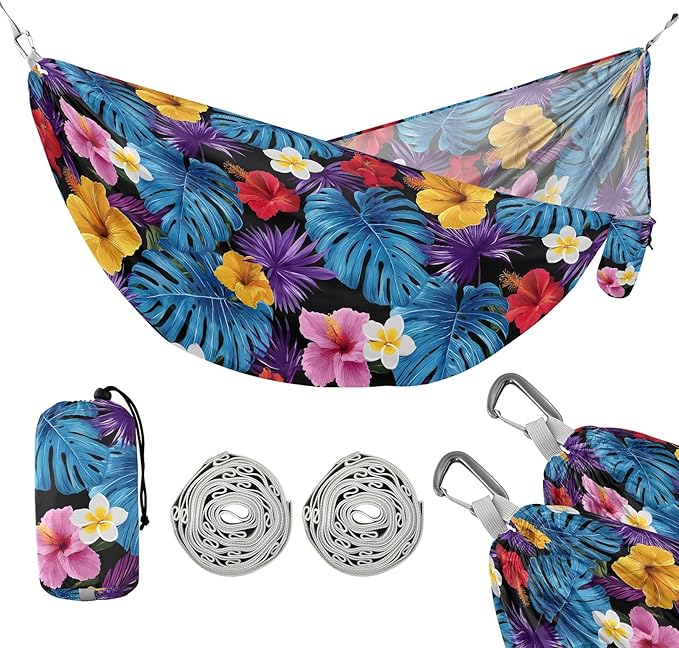 Camping Hammock Outdoor Hammocks for Outside Blue Leaf Hibiscus Flower Beach Trees Portable Lightweight with Pockets Tree Straps Indoor