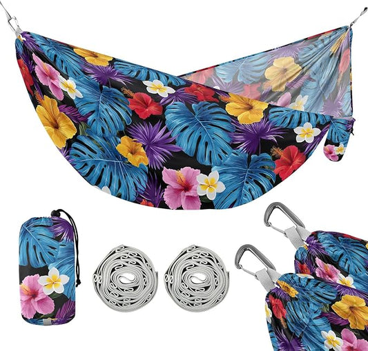 Camping Hammock Outdoor Hammocks for Outside Blue Leaf Hibiscus Flower Beach Trees Portable Lightweight with Pockets Tree Straps Indoor