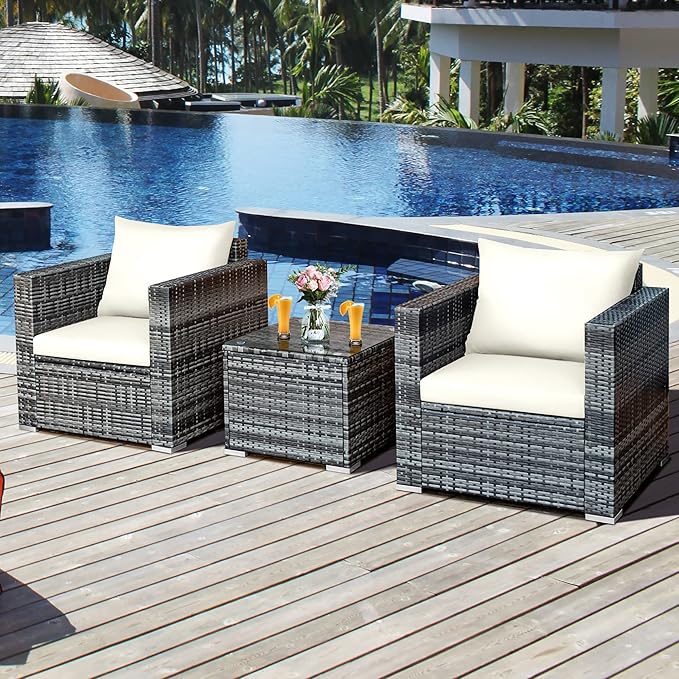DORTALA 3 Pieces Patio Furniture Set, Outdoor Rattan Sofa Couch Set with Cushions, Tempered Glass Coffee Table, Wicker Patio Conversation Set for Lawn Backyard Poolside Balcony, White