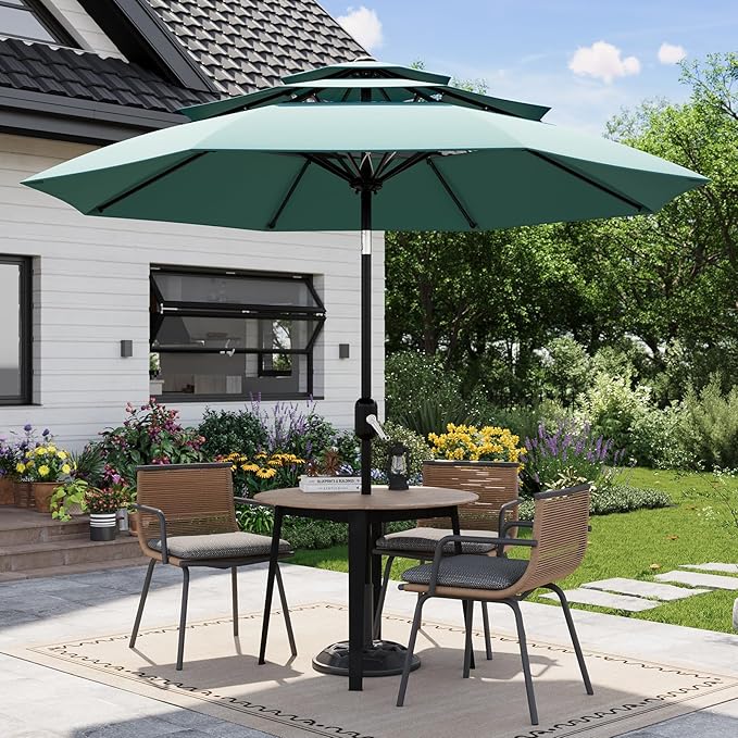 Garvee 10Ft 3-Tier Patio Umbrella, Outdoor Table Umbrella with Vents, Easy Crank and Push Button Tilt, Market Umbrella with 8 Sturdy Ribs for Pool, Deck, Yard, Garden -Turquoise