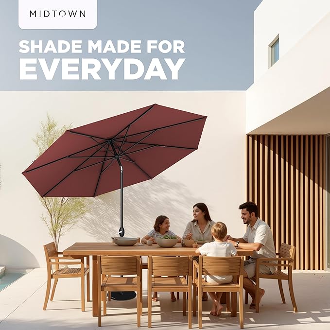 Midtown Umbrellas - 10-Year-No-Fade 9 Ft Patio Umbrella with Terylast Fabric, Auto-Tilt Aluminum Frame and 8 Reinforced Ribs for Deck, Pool, Garden & Beach - Cherry Burgundy Canopy, Black Pole