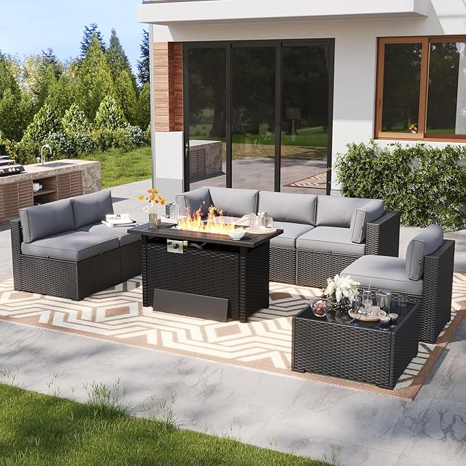 LazySunsets 8 Piece Outdoor Patio Furniture Set with 44'' Fire Pit Table, Outdoor Patio Furniture Set with Waterproof Cover, Wicker Rattan Outdoor Conversation Set for Backyard & Garden, Light Grey