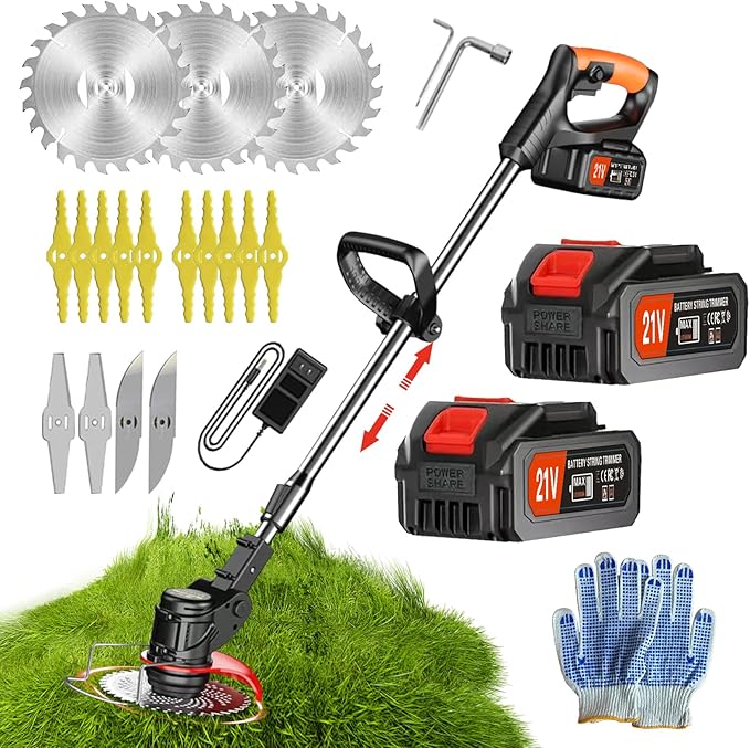 Weed Wacker Battery Powered, 21V 2Ah Battery Powered Cord Trimmer with 2 Batteries and 3 Blades,Weed WackerSuitable for patios and Gardens (Black)