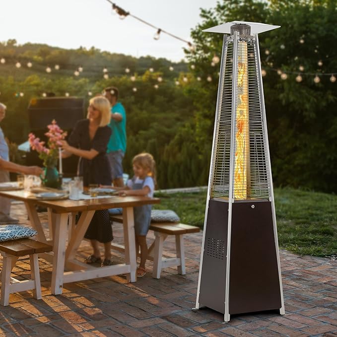 FOOWIN Patio Heater,48,000 BTU Outdoor Heater with Wheels,Propane Patio Heater w/Waterproof Cover & Gloves,Quartz Glass Tube Pyramid Outdoor Heater for Party,Backyard,Garden,Bronze