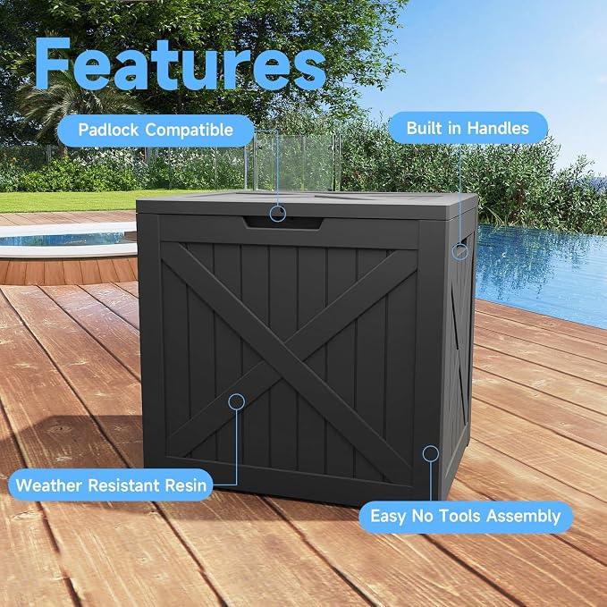Pepe Tee Waterproof Resin Deck Box, Outdoor Storage Bin for Patio Furniture Cushions, All-Weather Garden Organizer & Seating Bench, Black