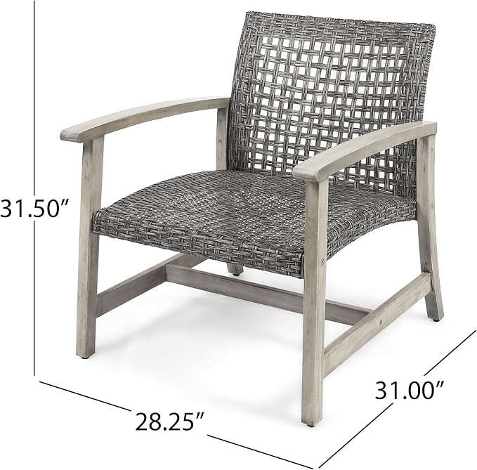 Christopher Knight Home Hampton Outdoor 3 Piece Acacia Wood and Wicker Conversation Set with Club Chairs and Side Table, 28.25 "W x 31 "D x 31.5 "H, Mixed Black + Weathered Gray
