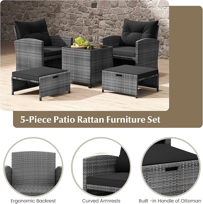 Tangkula 5 Pieces Patio Conversation Set, PE Wicker Rattan Outdoor Furniture Set with 2 Chairs, 2 Ottomans & Tempered Glass Coffee Table, Ideal for Poolside, Backyard, Lawn, Deck, Mix Grey & Black