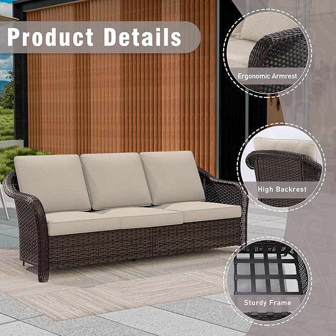 7 Piece Patio Wicker Conversation Set, 2 All-Weather Use Outdoor Wicker Sofa with 2 PE Rattan Ottomans,2 Swivel Chair, 1 Side Table, Ideal for Porch, Backyard, Balcony, Poolside, Beige