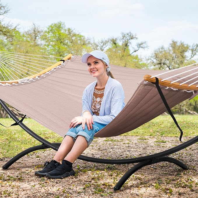 SUNCREAT Portable Double Hammock with Stand, Outdoor Standing 2 Person Hammock Combo, Patent Pending, Tan