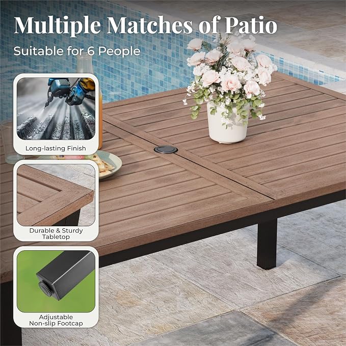 MIXPATIO 7 Pieces Patio Table and Chairs Set, Patio Dining Set for 6, 6 Textilene Chairs and 1 Wood-Like Rectangle Steel Table with Umbrella Hole, for Deck Backyard Lawn Poolside, Red