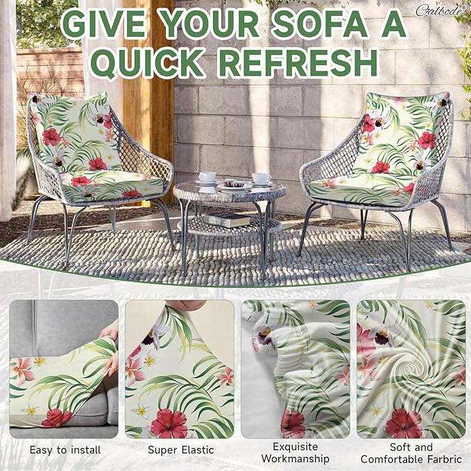 CALBODE 14 Pcs Stretch Outdoor Seat Cushion Covers, Washable Chair Seat Cover for Patio Furniture Cushions Soft Indoor and Outdoor Couch Cover Replacement (Tropical Floral, Beige,Cover Only)