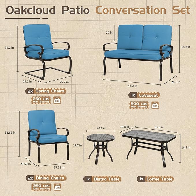 Oakcloud 7Pcs Metal Outdoor Furniture Patio Conversation Set (Loveseat, Coffee Table and Bistro Table, 2 Spring Chair, 2 Dining Chair) -Wrought Iron Patio Chair Set with Cushions (Blue)