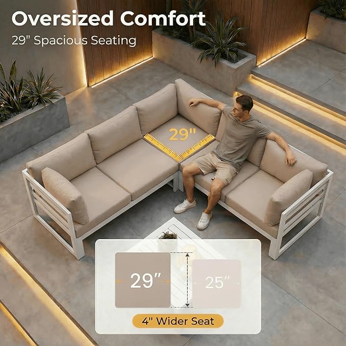 NICESOUL 8 Seat Oversized Modern Aluminum Patio Furniture Set, Weather Resistant Modular Sectional Sofa with Coffee Table, 500 lbs Heavy Duty Comfortable Outdoor Couch for Exterior Backyard, Beige