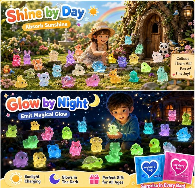 50 PCS Mystery Bag Mini Resin Animals, Glow in The Dark Tiny Animal Figurines Blind Bags Bulk, Cute Mini Resin Figures Surprise Box Toys for Kids, Classroom Prizes, Goodie Bag Stuffers, Party Favors