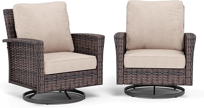 Patio Wicker Swivel Chairs Set of 2, Outdoor High Back Chairs with 5.5" Waterproof Cushions, Outdoor Furniture Set for Deck Porch and Yard, Beige