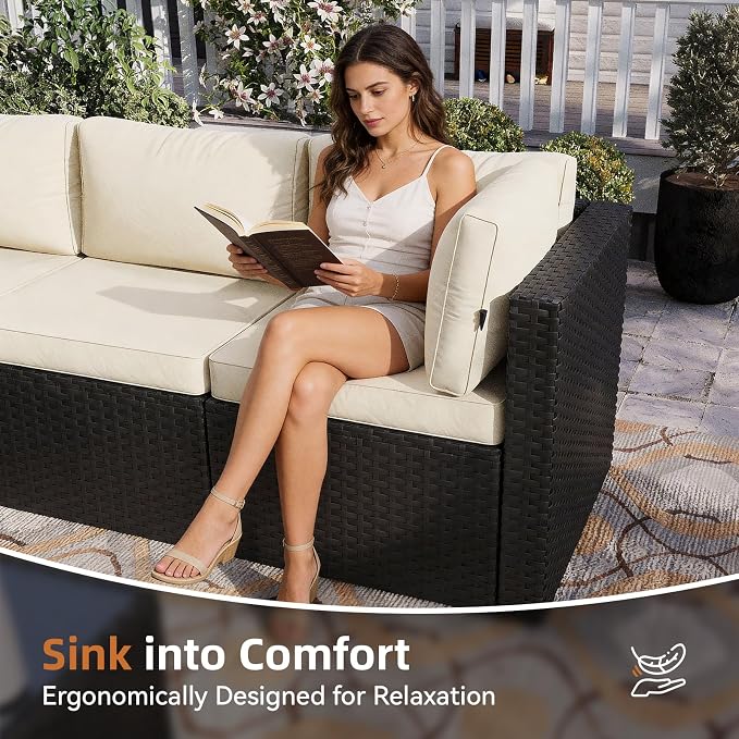 Aoxun Patio Furniture Set 5-Piece, Outdoor Sectional Sofas with Washable Cushion, Wicker Rattan Patio Conversation Sets for Backyard Porch and Poolside, Beige
