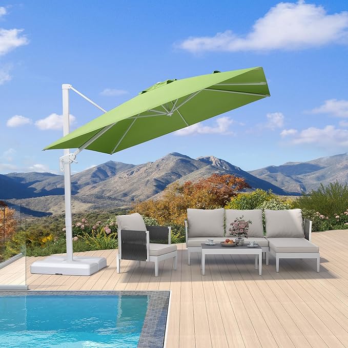 PURPLE LEAF 9 FT Patio Umbrella White Cantilever Umbrella Aluminum Square Outdoor Offset Umbrella Hanging Windproof with 360° Rotation for Garden Deck Pool, Green