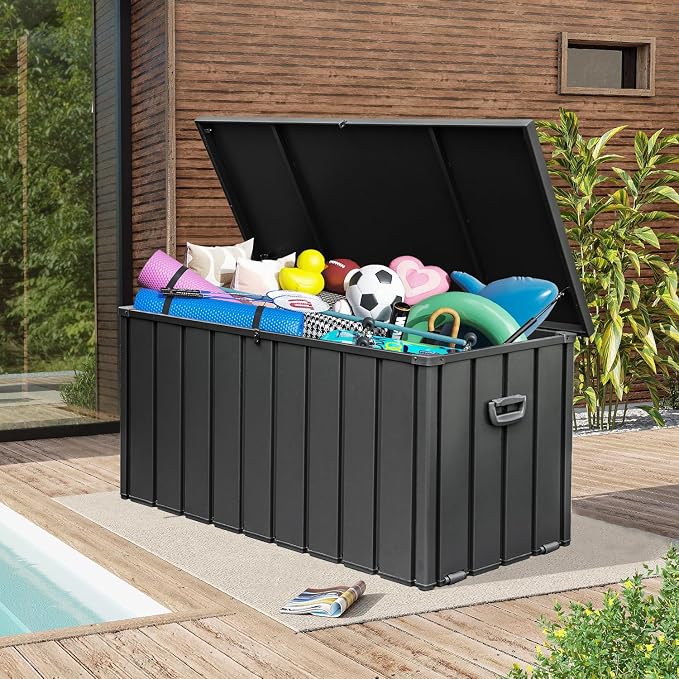 Domi 160Gallon Deck Box, Metal Outdoor Storage Box with Lock Wheels, Waterproof Outside Storage Box for Patio Cushions